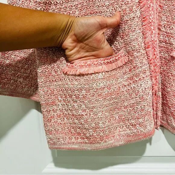 Chico’s Women’s Fringe Trim Pocket Cardigan in Pretty Pink Sz 2 (US L/12-14) NWT - Picture 3 of 14